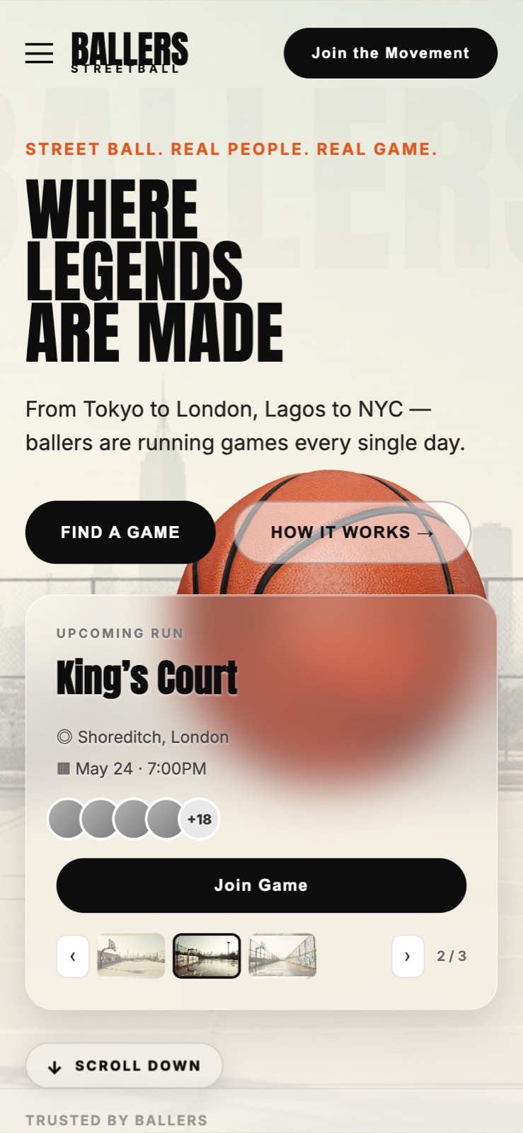 Mobile view — the same composited ball and transparent cards, sized for a narrow phone