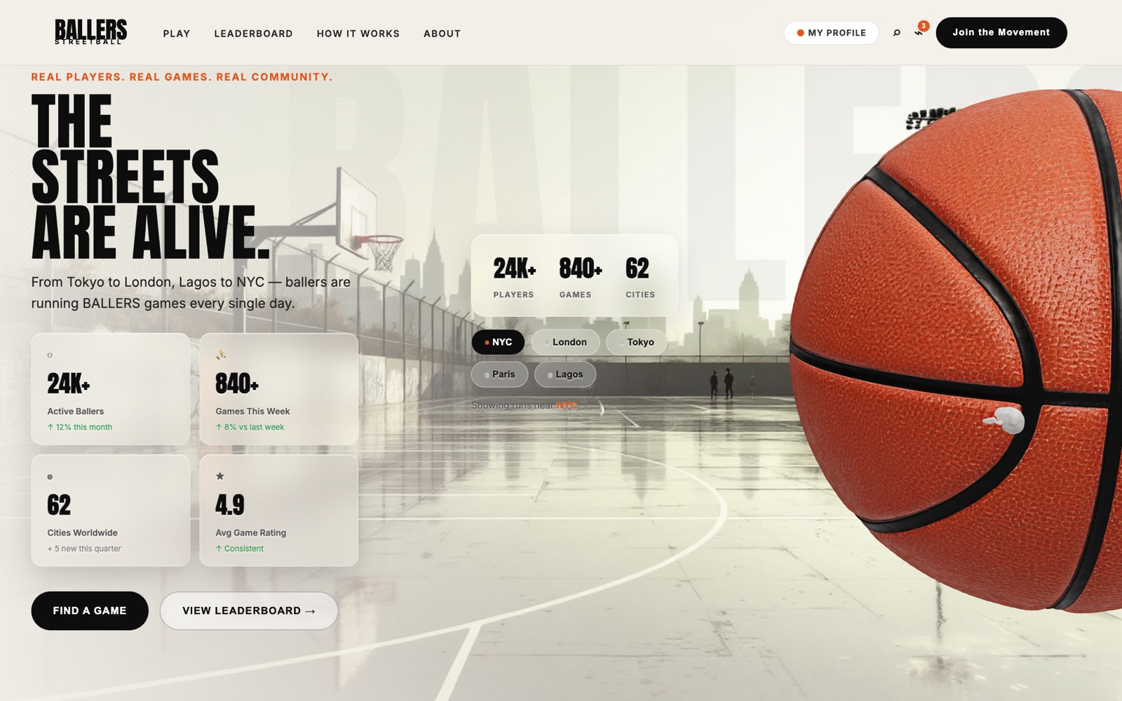 Act two — the ball repositions to the right as transparent glass stat cards and city-filter pills overlay a wet street court