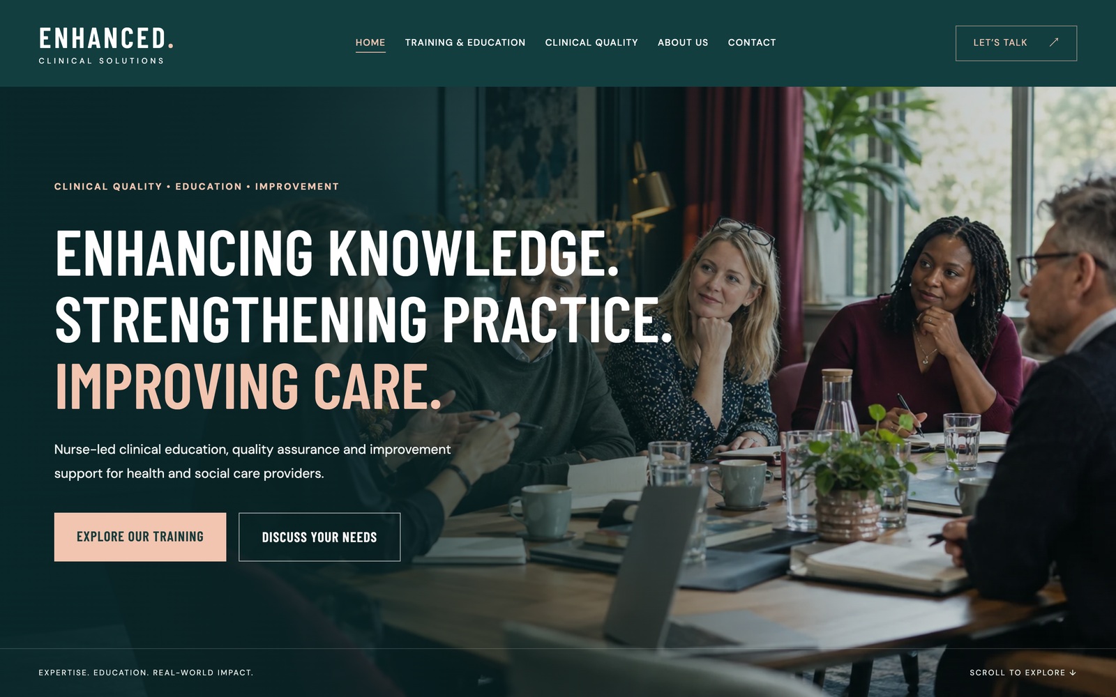 Enhanced Clinical Solutions home page — the headline “Enhancing knowledge. Strengthening practice. Improving care.” over a meeting-room scene