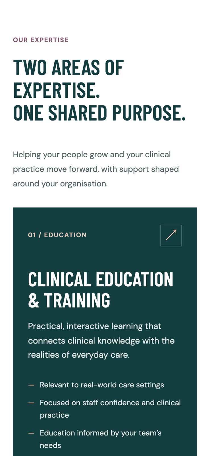 Mobile expertise section — the Clinical Education & Training card in deep teal