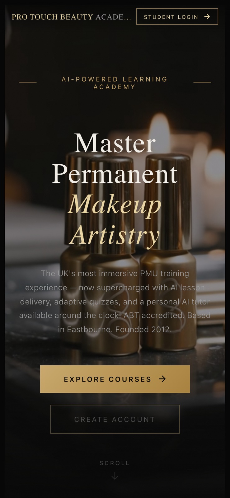 Mobile home page — the Master Permanent Makeup Artistry headline with an Explore courses button