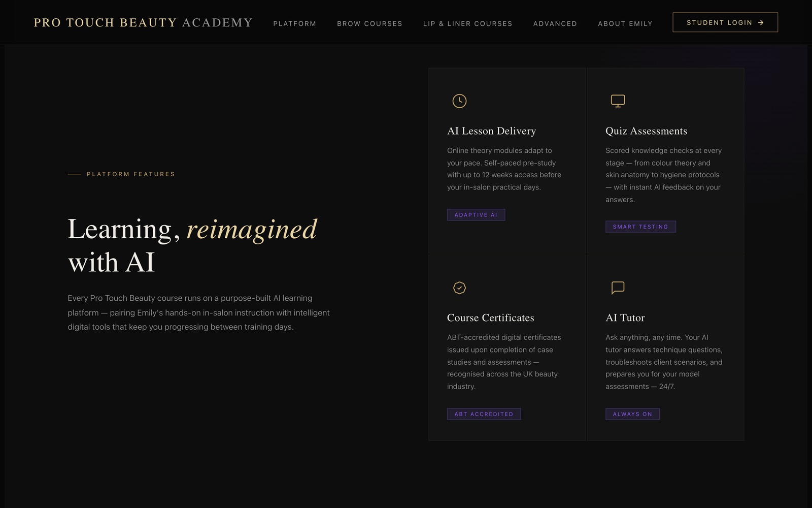 Platform features — AI Lesson Delivery, Quiz Assessments, Course Certificates and AI Tutor beside the heading Learning, reimagined with AI