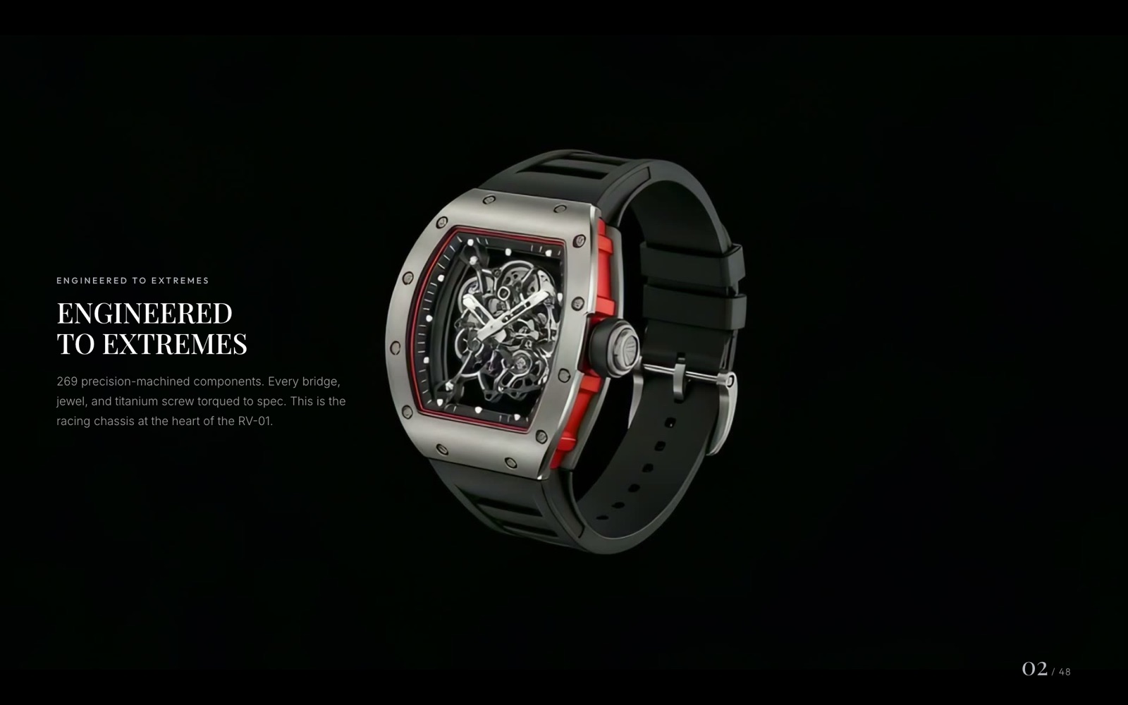 The turntable’s opening frame — the skeletonised movement front-on beside the line Engineered to Extremes