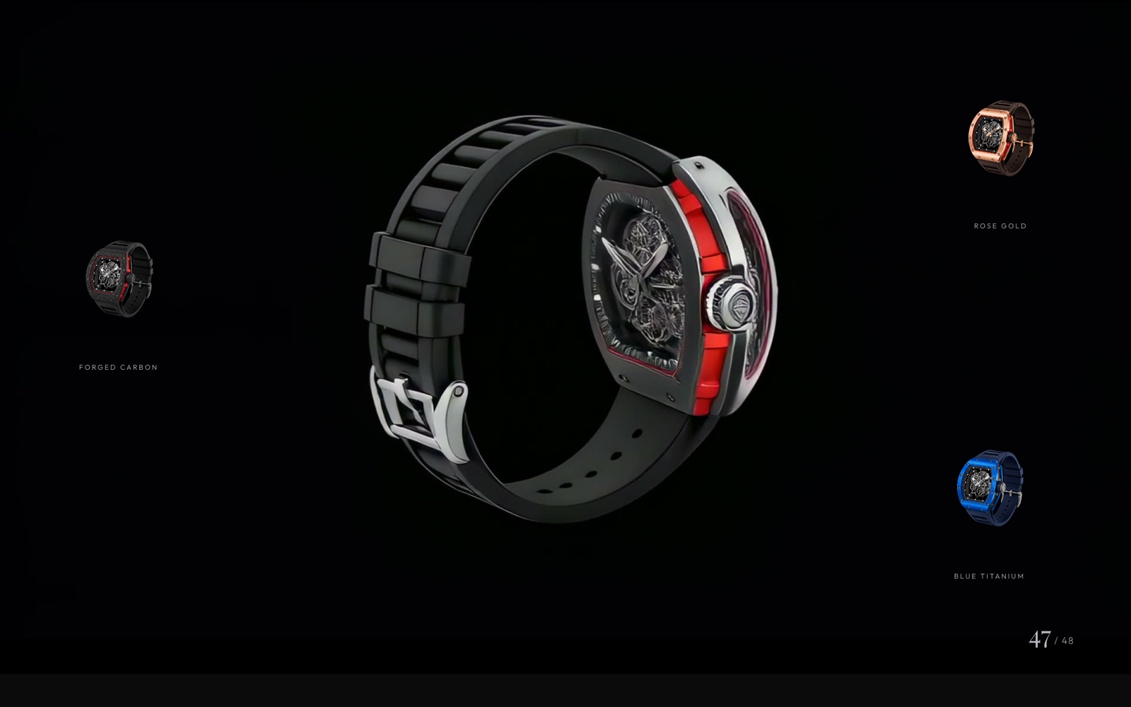 The pinned turntable near the end of its rotation, with three finish variants revealed around the central watch