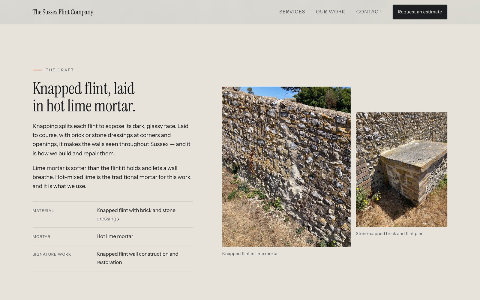 The Craft section — knapped flint and hot lime mortar explained beside two photographs of flint walls