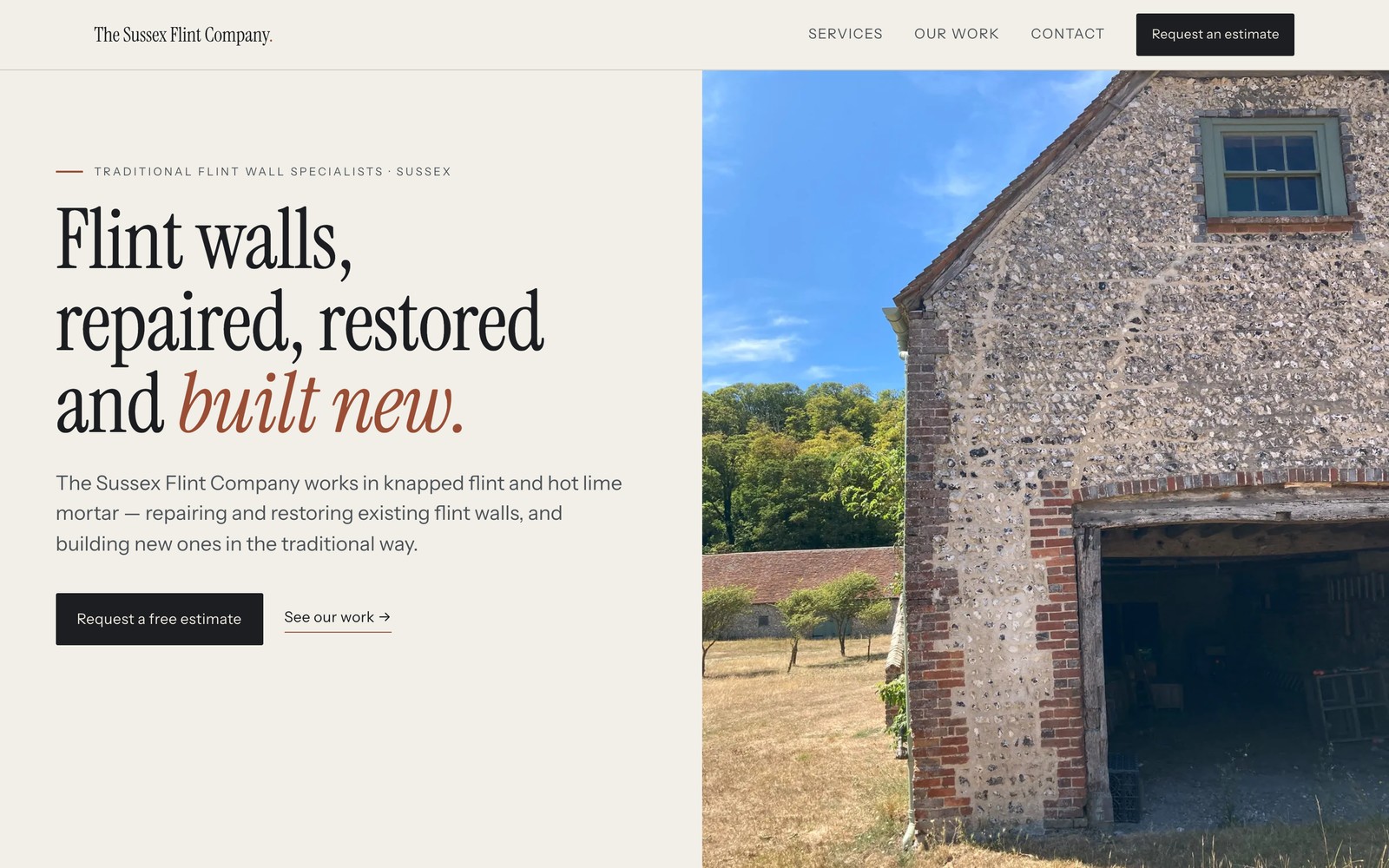 The Sussex Flint Company home page — the headline “Flint walls, repaired, restored and built new” beside a photograph of a flint and brick barn