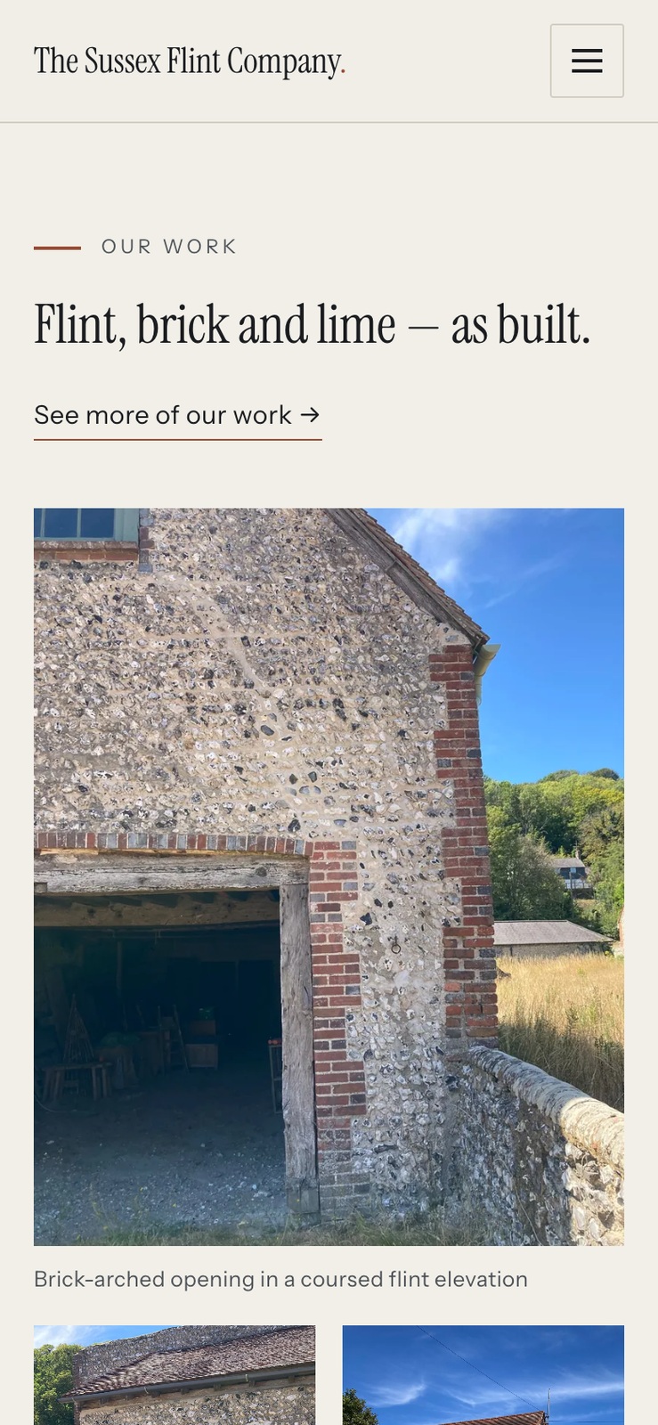 Mobile Our work section — a captioned flint photograph at phone width