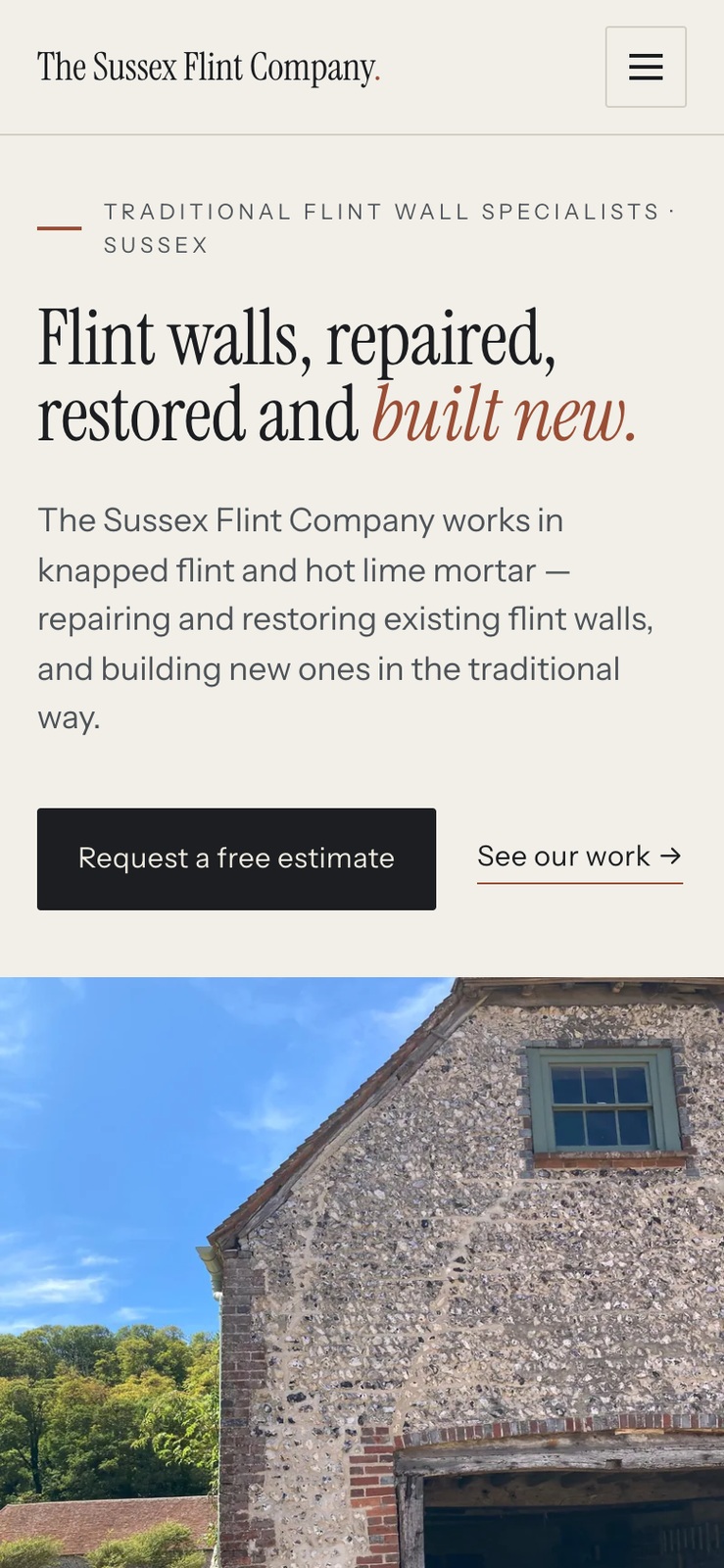 Mobile home page — headline, estimate button and hero photograph on a narrow screen