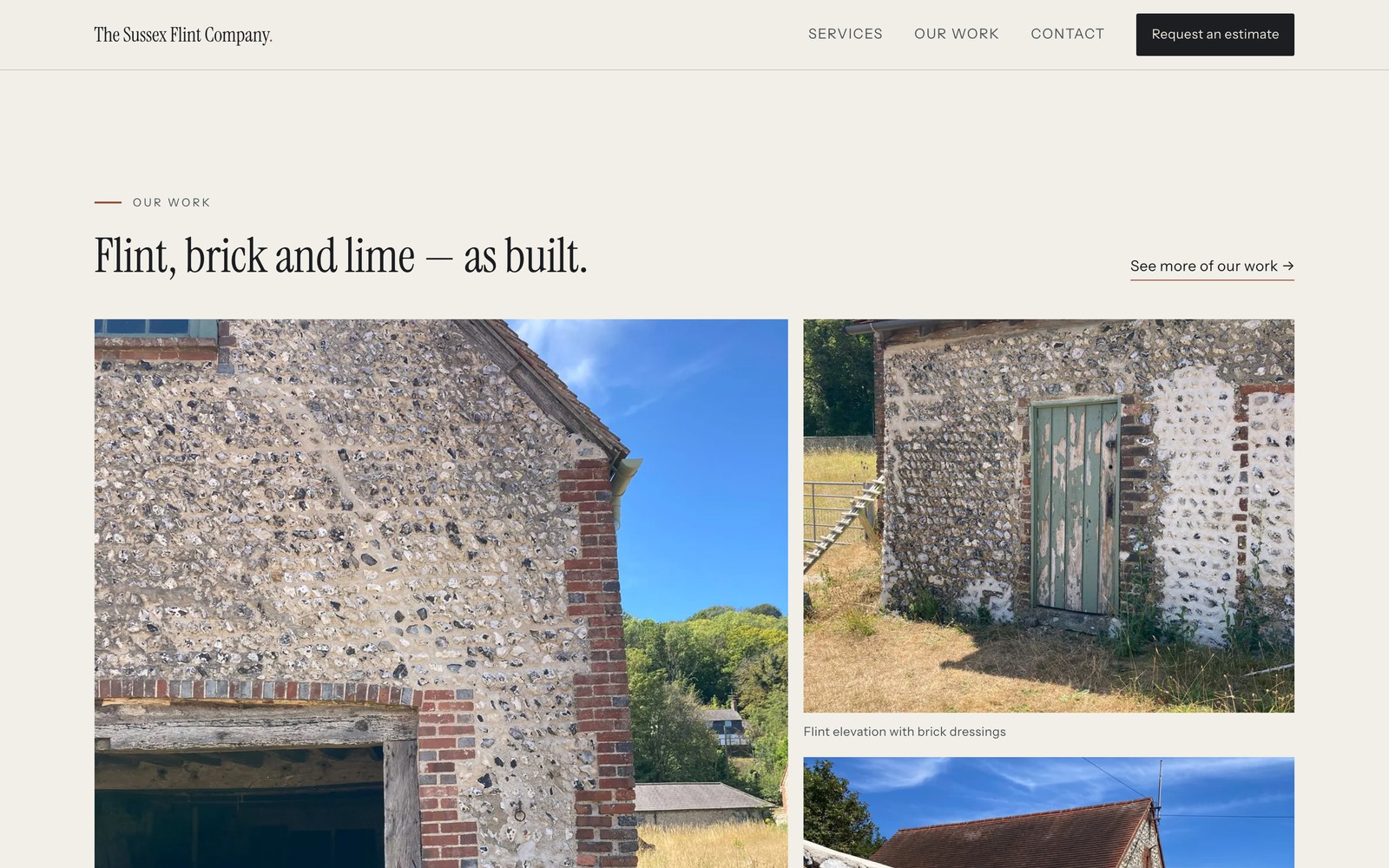 The home page’s Our work mosaic — flint elevations with brick dressings, each photograph captioned